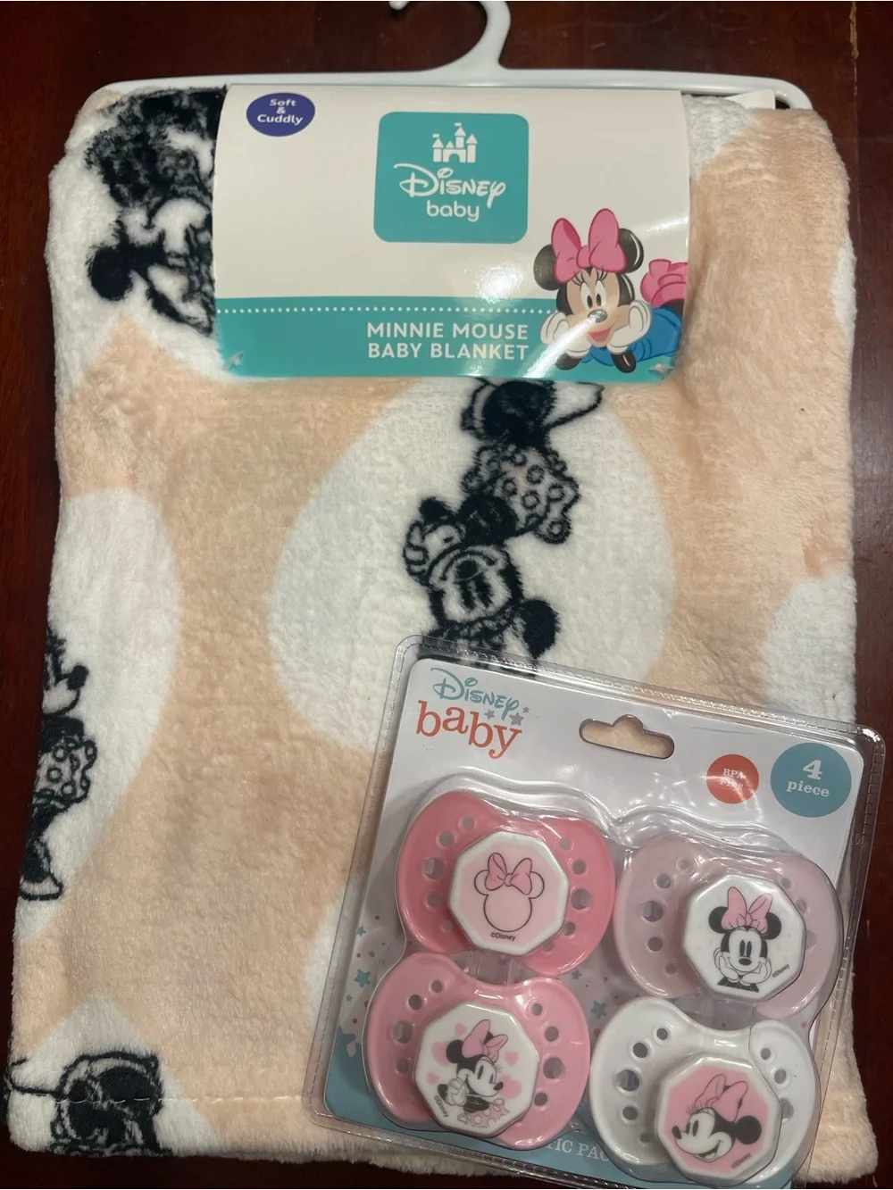 Disney Baby Minnie Mouse Peach, Pink & White Blanket with Pacifier Set
